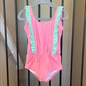 Hanna Andersson Pink One-Piece Swimsuit with Mint Ruffle Straps 3T